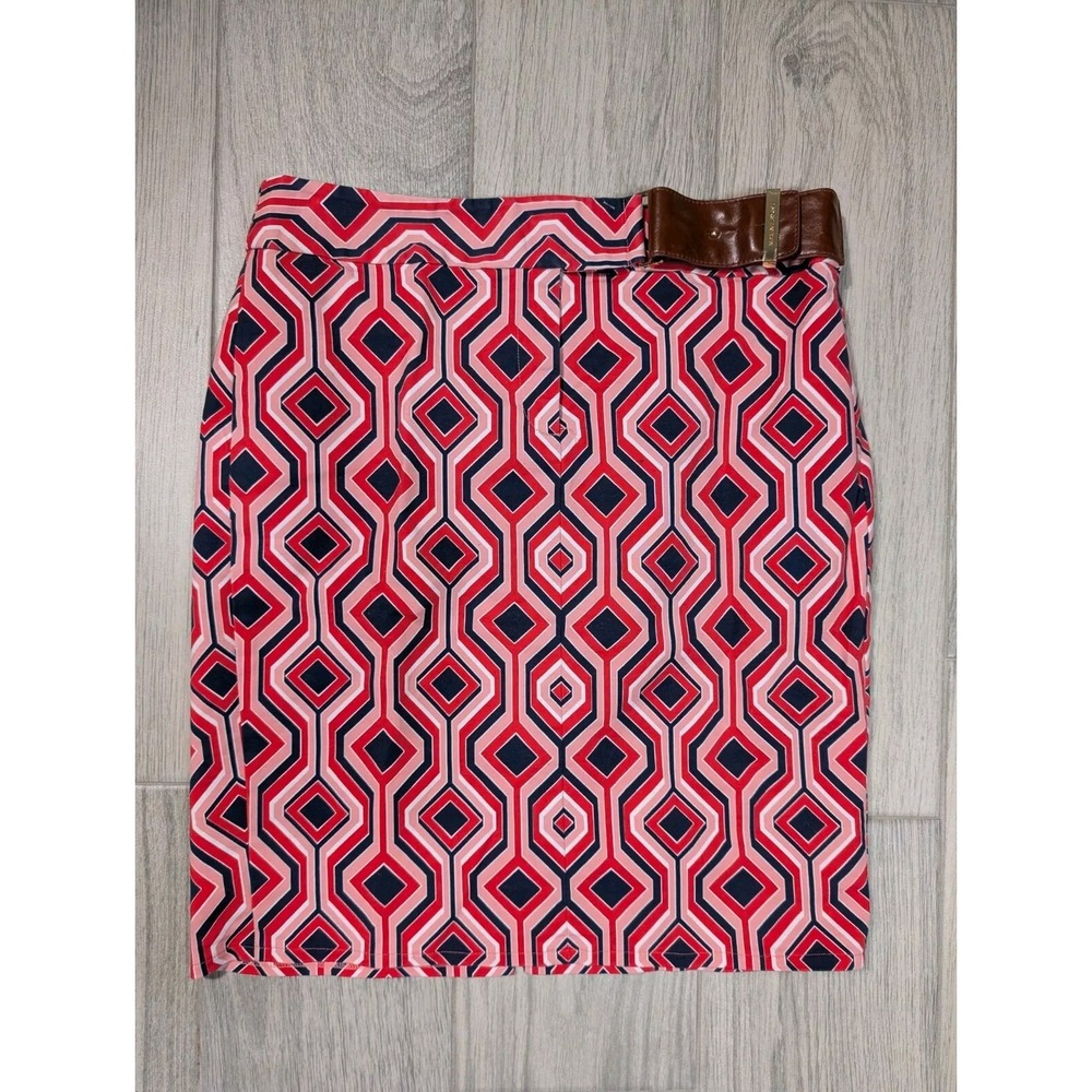 Michael Kors geo print skirt Sz 10 Straight PInk navy Blue Career Belt Lined N97